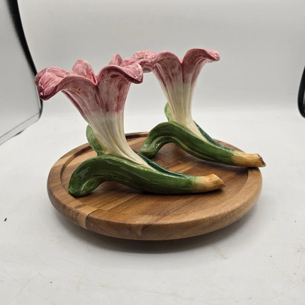 Italian Pottery Floral Vase Pair 1957 Peasant Village PV Italy Signed